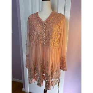 Beech Tree Peach Embroidered Net Kurta Tunic with Pearl Buttons Size 14